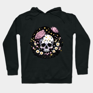 Skull and flowers starry night moon and daisies Hoodie